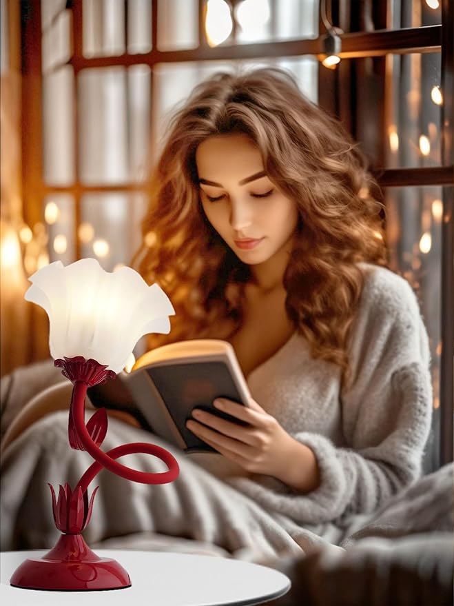 Flower Table Lamp,LED Reading Light Bedside Vintage Flower Night Light,3 Colors Modes Kawaii Bedside Lamps Decor,Living Room Bedroom Room Lighting Table Lamps Home Decoration (Red)-VerdiqueGarden