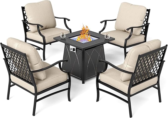 Patio Furniture Set with Fire Pit Table, 5 Pcs Metal Outdoor Conversation Set, 4 Single Chairs with 5.75" Extra Thick Cushion and 28" Fire Pit Table for Backyard Deck, Beige-VerdiqueGarden