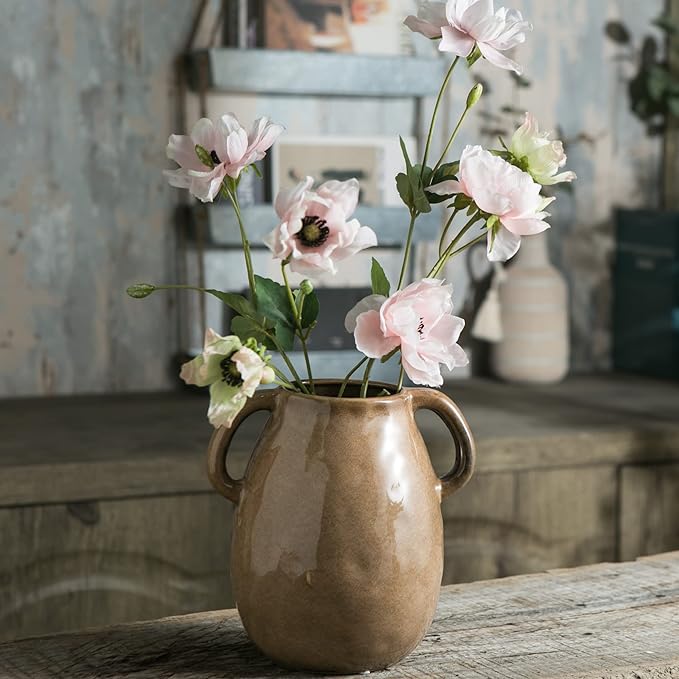 Brown Ceramic Vase with 2 Handles, Modern Farmhouse Decor, Rustic Terracotta Pottery, Decorative Flower Vases, Clay Small Vase, Centerpiece for Dining Table - 7 Inch Tall-VerdiqueGarden