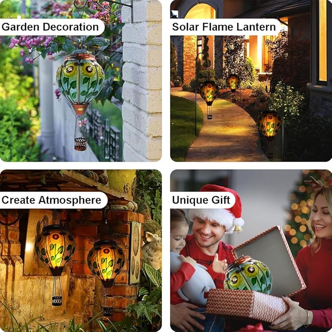 Hot Air Balloon Solar Lantern with Flickering Flame, Glass Hanging Garden Lights Outdoor Waterproof for Tree Yard Patio Mother's Day Gift, 18" H Sunflower-VerdiqueGarden