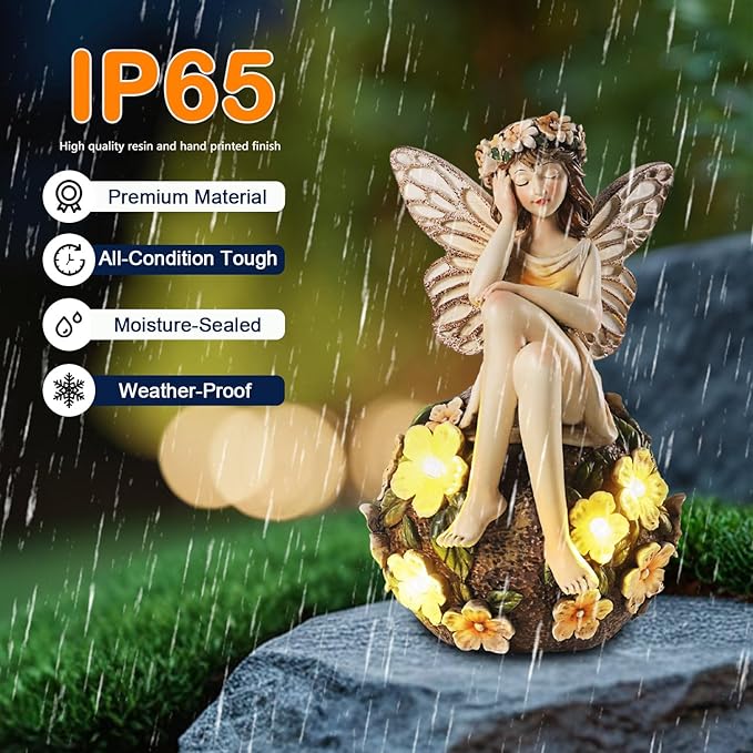 Solar Fairy Statue Sitting on The Flower Ball Light 6.8" Angel Statues for Garden Yard Patio Porch Lawn Decor Resin Fairy Figurine Outdoor Waterproof Angel Gifts for Women Mom Sister-VerdiqueGarden