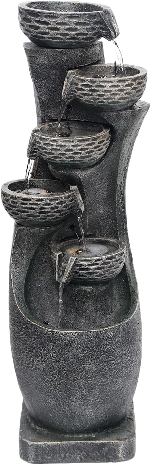 35.83''H Indoor Outdoor Modern Water Fountain 6-Tiers Garden Cascading Fountains Curve Shape Floor Standing Waterfall Water Feature with LED Light for Yard Deck Patio Home Art Decor