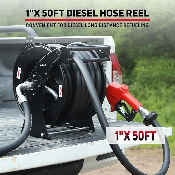 Retractable Fuel Hose Reel 1" x 50' with Fueling Nozzle, 300 PSI Heavy Duty Steel Construction Industrial Auto Swivel Spring Driven Diesel Hose Reel for Aircraft Ship Vehicle Tank Truck, Black-VerdiqueGarden
