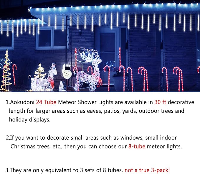 Aokudoni Christmas Lights Outdoor, 24 Tubes Meteor Shower Lights (Equivalent to 3 Sets of 8-Tubes), Waterproof Outside Christmas Decorations for Tree Window Yard Party Holiday, UL Plug, White-VerdiqueGarden