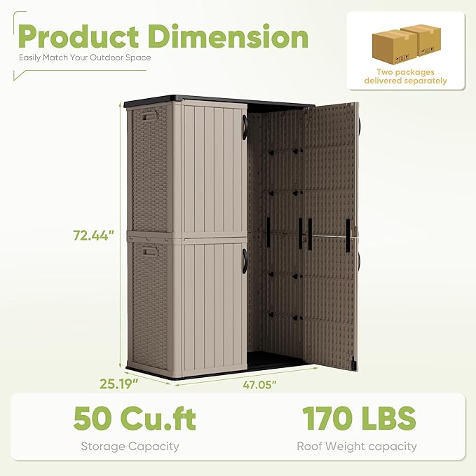 Devoko Outdoor Storage Cabinet 50 Cu Ft with Lockable Doors, Vertical Storage Shed Waterproof Patio Tools Storage Box for Sofa Cushions, Gardening Tools and Accessories (Beige)-VerdiqueGarden
