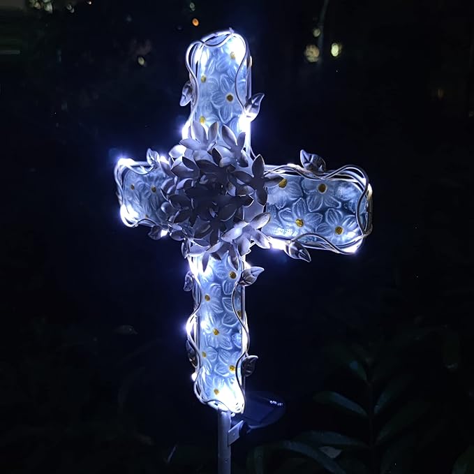 38Inch Solar Cross Garden Lights Outdoor Decorative - Solar Metal&Glass Cross White Hydrangea Flower Stake Lights- Waterproof 20 Warm White LED for Remembrance Gifts & Sympathy Gifts.-VerdiqueGarden