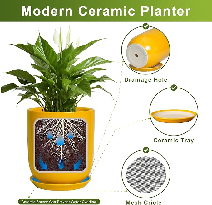 12 Inch Pots for Plants - Ceramic Planter for Outdoor Plants Large Plant Pot Indoor with Drainage Hole Modern Flower Pot for Home Patio Office Decor Yellow-VerdiqueGarden