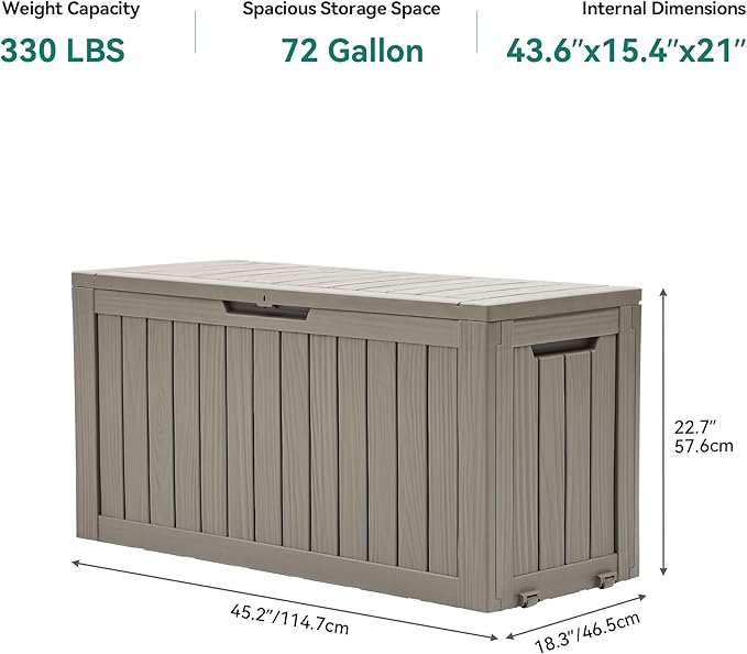 YITAHOME 72 Gallon Outdoor Resin Deck Box with Wheels, Pool Storage Box for Outdoor Cushions, Sports Equipment, Garden Tools, Light Brown-VerdiqueGarden