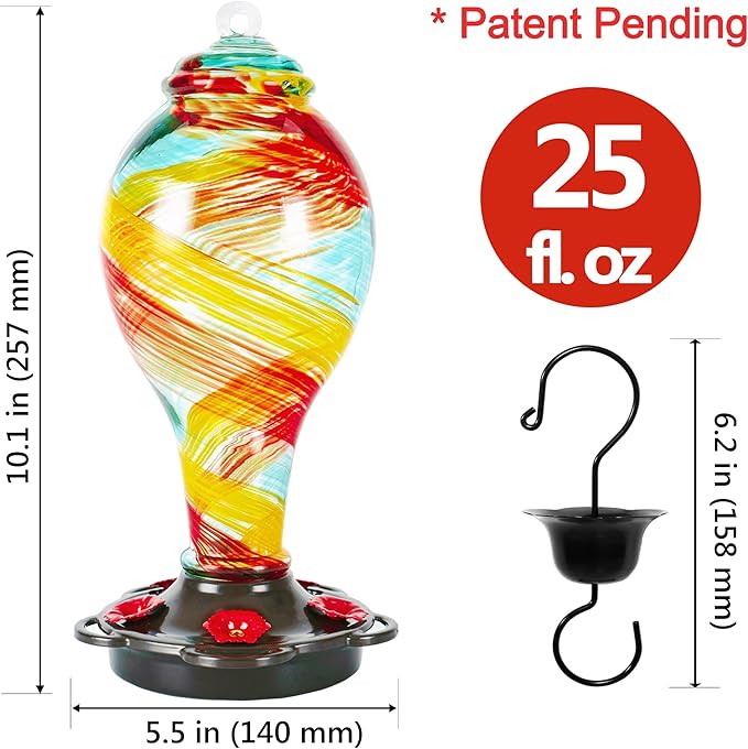 LUJII Hand Blown Glass Hummingbird Feeder for Outdoors Hanging with Ant Moat, 25 fl.oz, Leak Proof & Rustproof, Metal Base with 5 Feeding Ports & 5 Perches, Unique Garden & Backyard Decor (Ribbon)-VerdiqueGarden