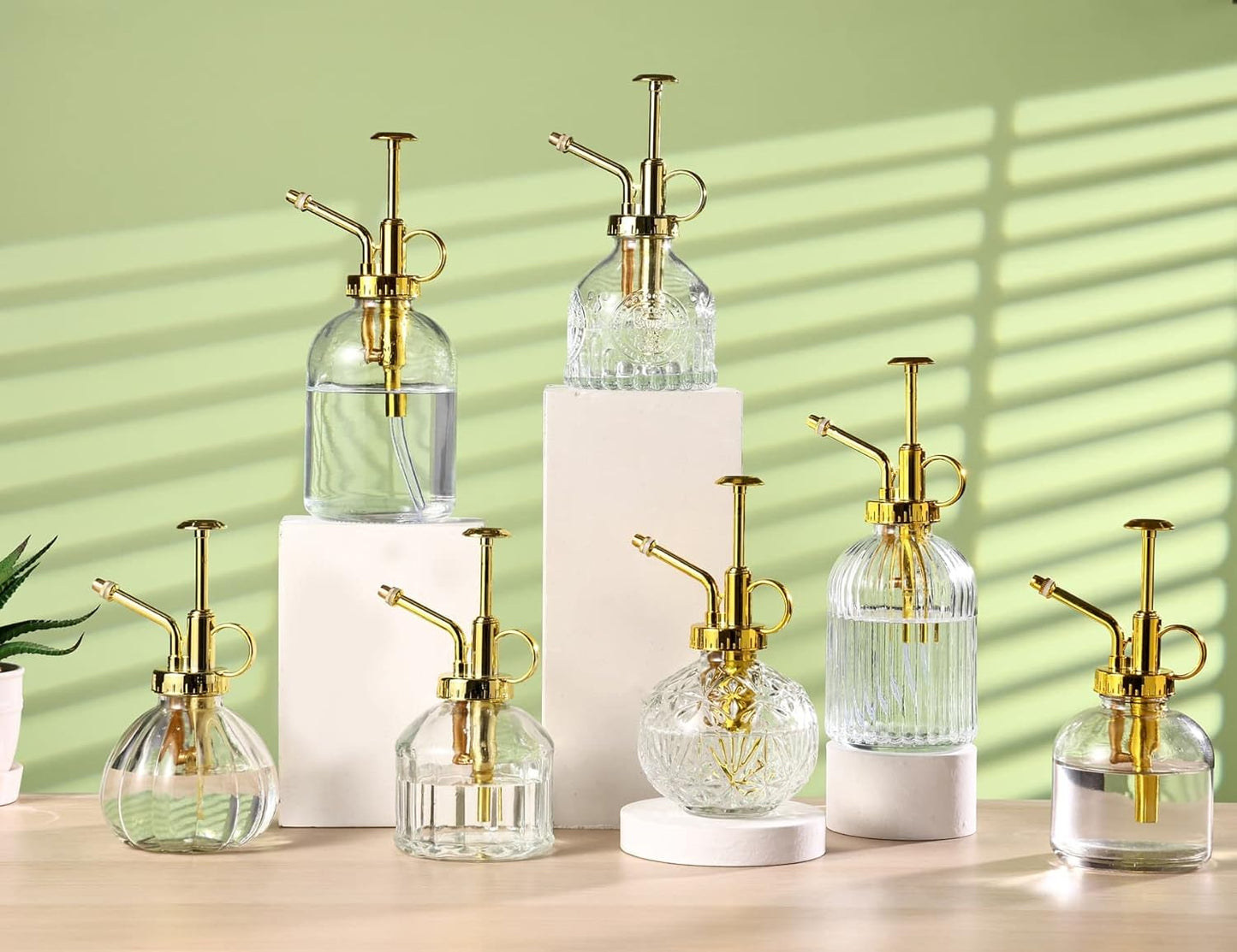 Glass Plant Mister Spray Bottle, 6.5" Clear Glass Water Spray Bottle with Gold Top Pump Small Watering Can, Small Plant Sprayer Mister for Indoor Outdoor House(Clear+Gold E)-VerdiqueGarden