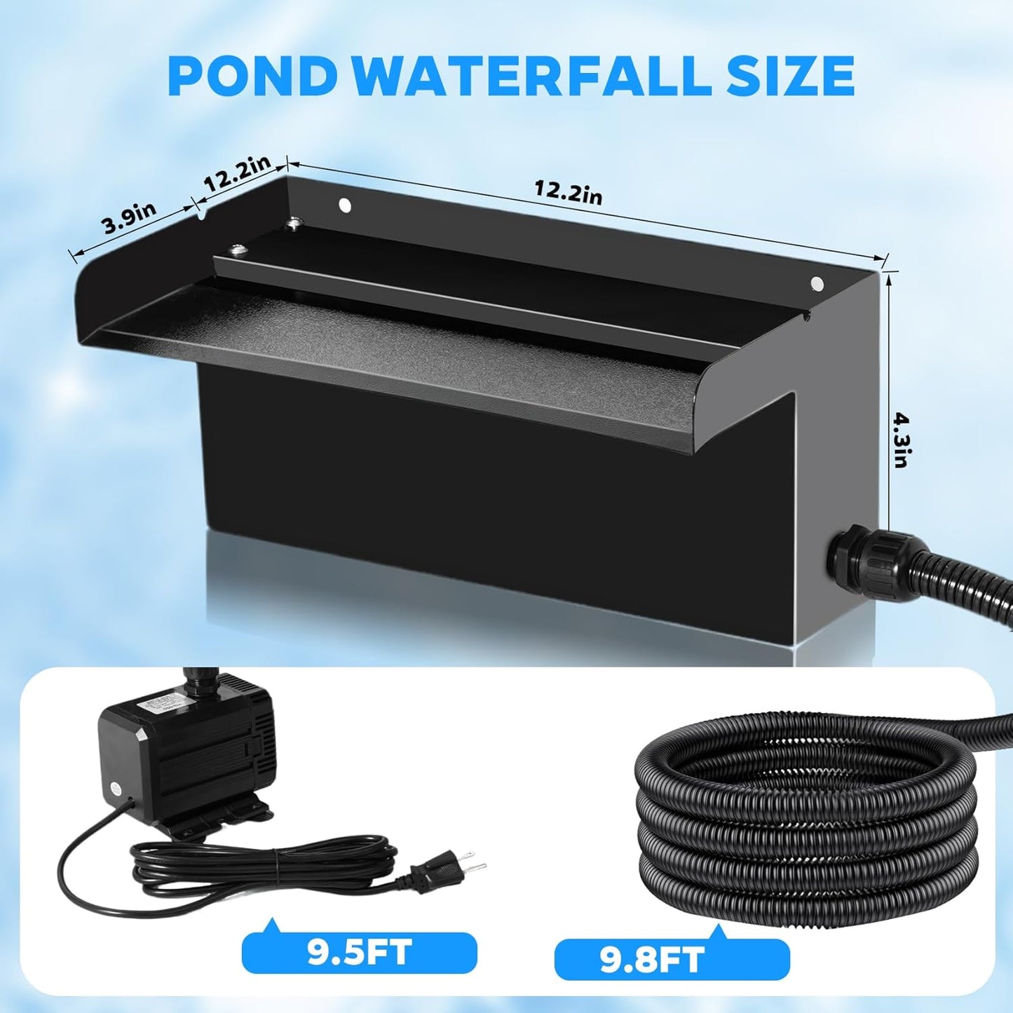 Upgraded Outdoor Pond Waterfall Kit with 50W Pump - 825 GPH Water Flow, 12.2 Inch Adjustable Waterfall Spillway & Extra Long Hose for Garden Ponds, Backyard Water Features-VerdiqueGarden