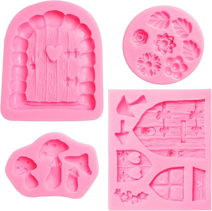 Fairy Garden Door Silicone Molds, Enchanted Vintage Gnome Home Window Door Fondant Molds, Mushroom Flower Leaf Chocolate Baking Molds for Cake Decoration Cupcake Topper Candy Clay Resin-VerdiqueGarden