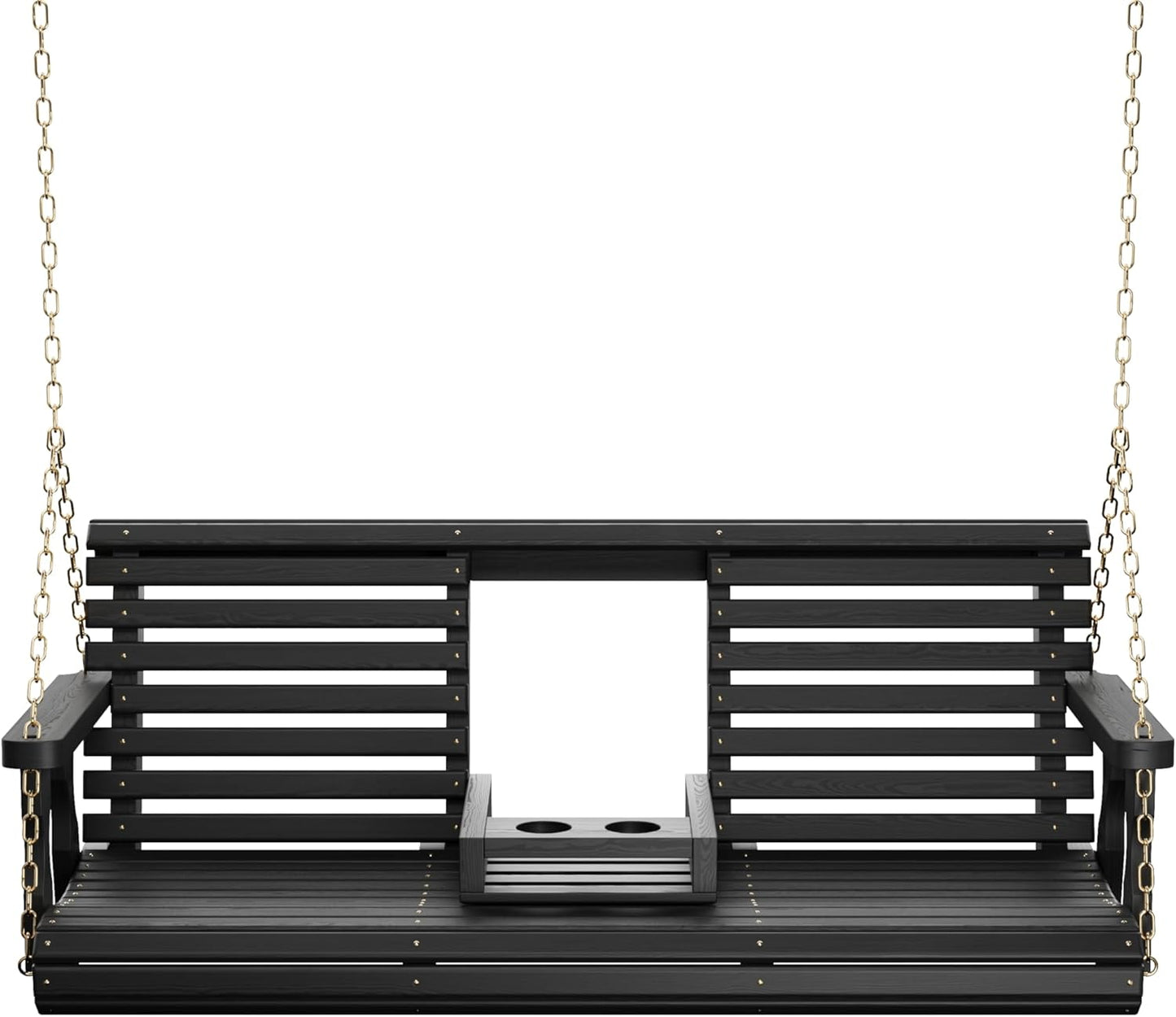 Porchgate Amish Heavy Duty Console Porch Swing with Fold Down Cup Holders in Semi Solid Black Stain - Amish Made in The USA from Treated Pine, Hanging Chains Included-VerdiqueGarden