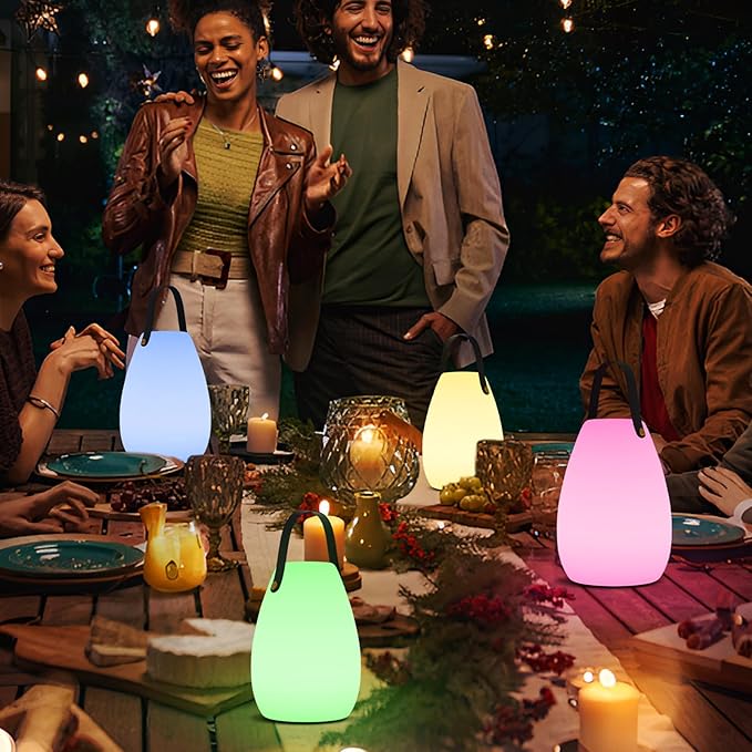 uuffoo Portable Outdoor Table Lamp, Dimmable Cordless Lamp with Remote and 7 RGB Colors IP44 Waterproof Hanging Lamp Indoor/Outdoor Night Lamp Lantern for Bedroom Garden Dining Camping-VerdiqueGarden