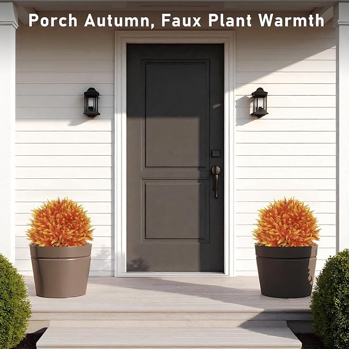 24" Artificial Cedar Topiary Ball Bushes, Set of 2 UV Resistant Fake Trees Outdoor Shrubs with Stake, Weatherproof Faux Plants for Planter, Front Porch, Garden, Yard, Patio Fall Decor-VerdiqueGarden