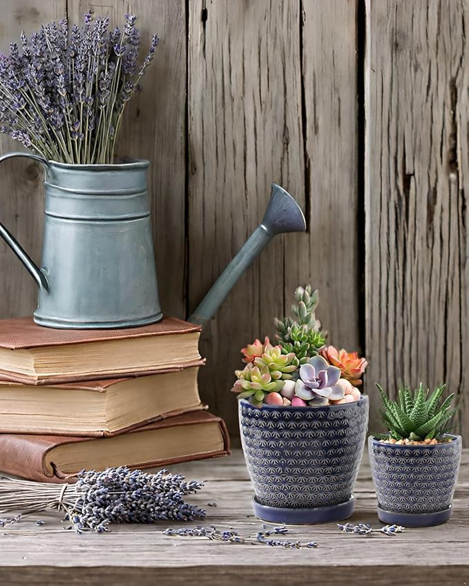 Plant Pots, Flower Pots, Planters for Indoor Plants(6.5+5.5inch), Flower Pots for Indoor Plants with Drainage Hole and Saucer, Ceramic Pots for Plants with Hole Mesh Pad,Reactive Glaze Blue-VerdiqueGarden