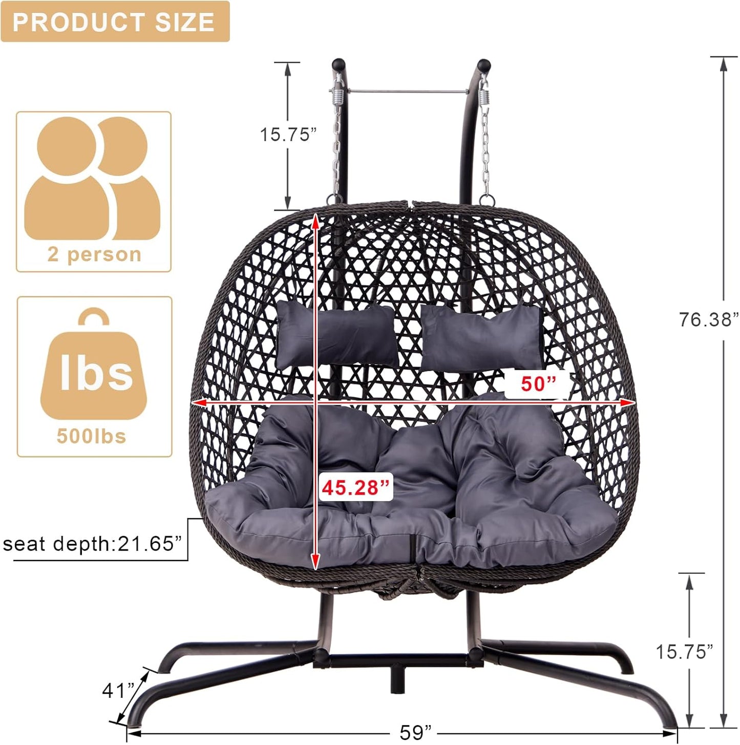Double Hanging Swing Egg Chair with Stand, Hexagon Wicker Hammock Swing Chair for Outdoor Garden Patio, 2 Person Egg Chair with Foldable Loveseat Removable Cushions (Dark Grey)-VerdiqueGarden