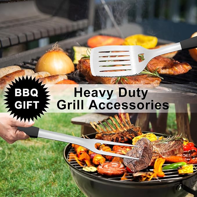 Grill Tools BBQ Accessories Set of 2, 15.8'' Heavy Duty Stainless Steel Grill Utensils with Grill Spatula and Fork, Full Tang Silicone Handle, Outdoor Grilling Tools Barbecue Accessories-VerdiqueGarden