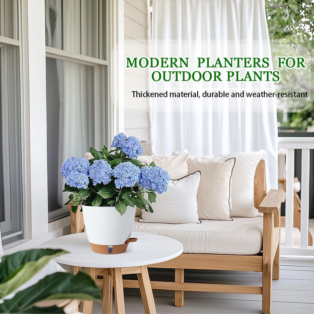 2 Pack 8 Inch Pots for Plants Indoor, Plastic Self Watering Planters with Drainage Holes, Water Level Indicator & Deep Reservoir, Decorative Flower Pots Indoor Outdoor Use (White-VerdiqueGarden