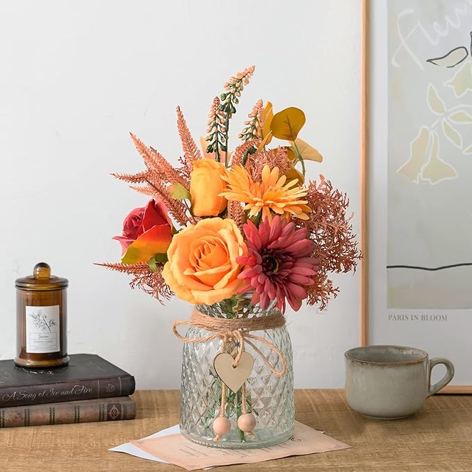 Artificial Flowers with Vase, Faux Silk Flowers Arrangement in Vase, Rustic Home Office Decorations, Farmhouse Dining Table Decor, Coffee Table Centerpiece, Fall Table Plant Decor-VerdiqueGarden