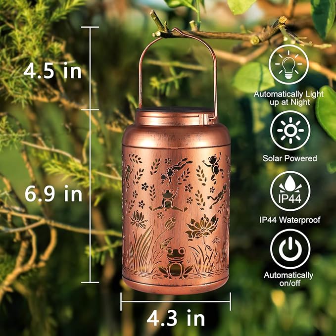 Frog Decoration Solar Lanterns Outdoor Waterproof Garden Decor Gifts for Women Mon Grandma Metal Hanging Solar Lights for Outside LED Lanterns for Yard, Patio, Lawn, Tabletop, Pathway, Landscape-VerdiqueGarden