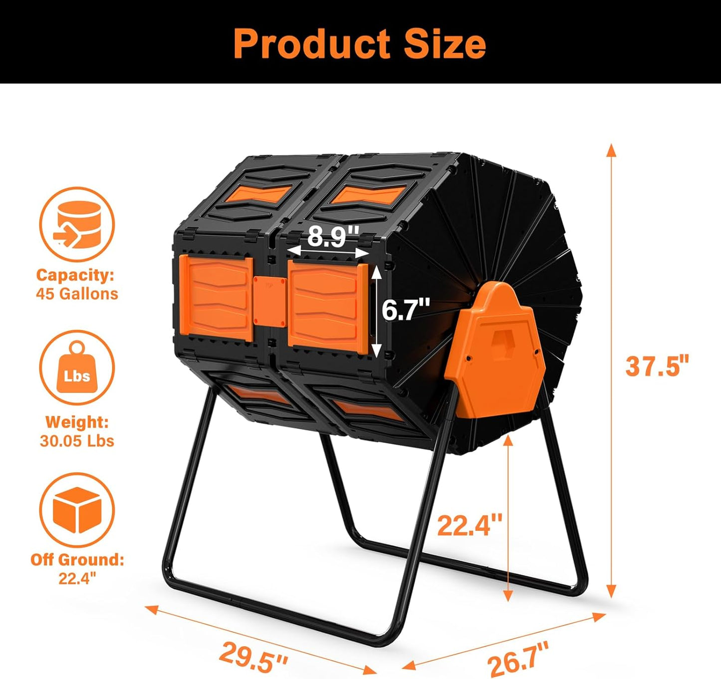 Compost Tumbler, Easy Assemble & Efficient Outdoor Compost Bin, 45 Gallon/170 Liter Large Dual Chamber Rotating Composter for Garden, Kitchen, and Yard Waste, Orange Door-VerdiqueGarden