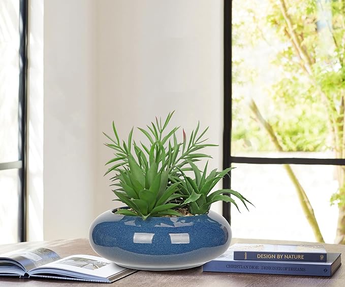 Hollyone Large Artificial Succulents Plants with Blue Vase Faux Succulents Fake Succulent Potted Plant in Ceramic Pot for Home Decor Office Desk Bathroom Living Room Indoor & Outdoor Decorations-VerdiqueGarden