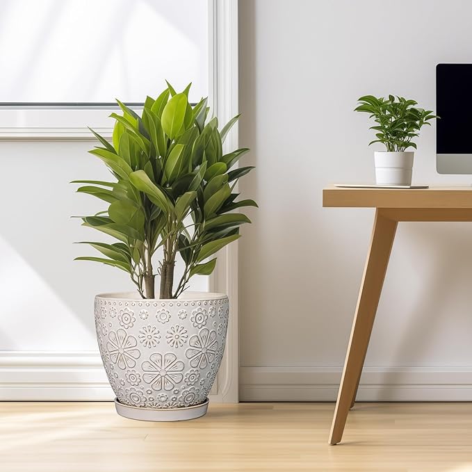 10 Inch Ceramic Planter Pot Large Plant Pot for Indoor Plants Outdoor Round Flower Pot with Drainage Hole and Saucer for Home Garden Decor White-VerdiqueGarden