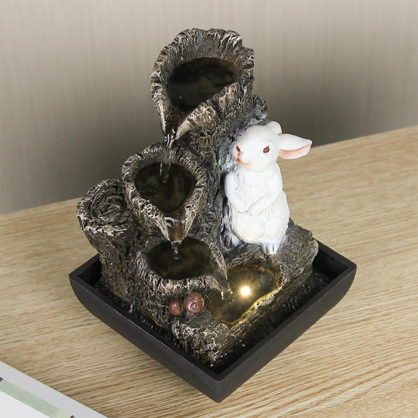 Small Cascading Rock Tabletop Fountain, Cute Little White Rabbit Indoor Waterfall Fountain with Colored LED Lights and Rolling Ball, 3 Tiered Desktop Fountain for Office Home Bedroom-VerdiqueGarden