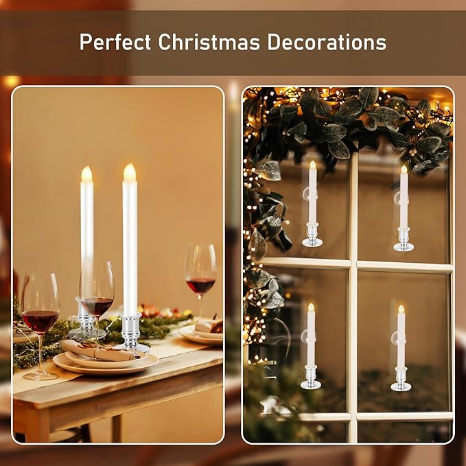 8 Pack Christmas Window Candles, Battery Operated with Timer Remote, LED with Candle Holders Suction Cups, Flickering for Christmas Decorations, Silver-VerdiqueGarden