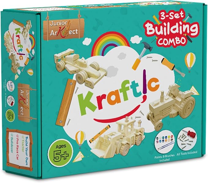 Kraftic Woodworking Building Kit for Kids, with 3 Educational DIY Carpentry Construction Wood Model Kit Toy Projects for Boys and Girls- Tractor, Bulldozer and Racing Car-VerdiqueGarden