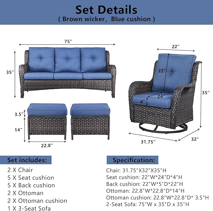 5 Piece Outdoor Patio Furniture Set - Wicker Furniture Patio Conversation Set, Outdoor Swivel Rocker Chairs with 3-Seater Sofa and 2 Ottomans for Small Space, Blue Cushion-VerdiqueGarden