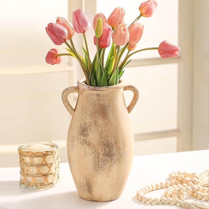 Large Ceramic Vase,11.3 inch Tall Farmhouse Flower Vase with 2 Handles,Terracotta Decorative Flower Vase for Home Decor, Living Room Entryway Table Centerpiece Decor-VerdiqueGarden