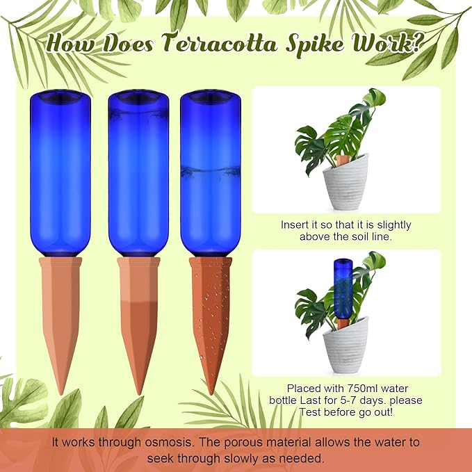 12 Pack Plant Watering Devices Include 6 Terracotta Self Watering Spikes and 6 Pcs 26 oz Plastic Bottles, Slow Release Vacation Insert Automatic Plant Waterer Device (Blue)-VerdiqueGarden