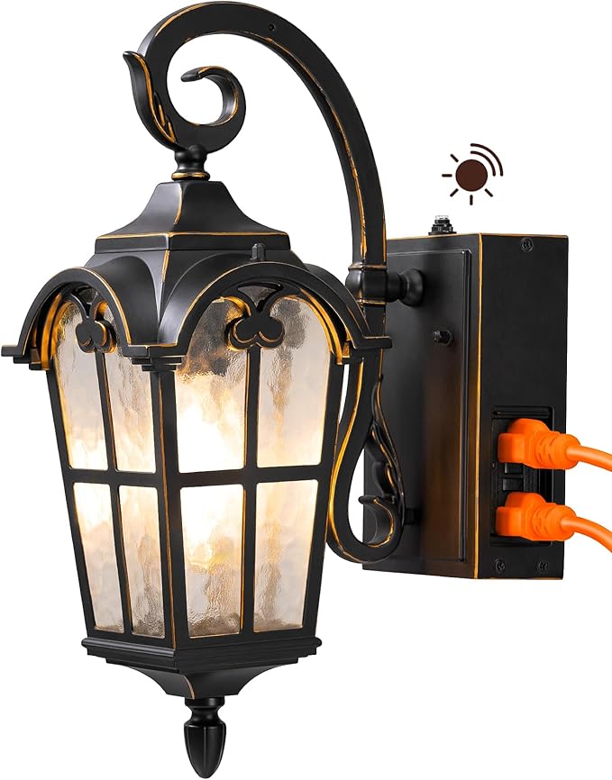 EDISHINE Dusk to Dawn Outdoor Wall Lights, Porch Light Fixture with GFCI Outlet, Exterior Wall Lantern with E26 Socket, Waterproof Outside Wall Sconce Wall Mount Lamp for Front Door, Patio, Garage-VerdiqueGarden