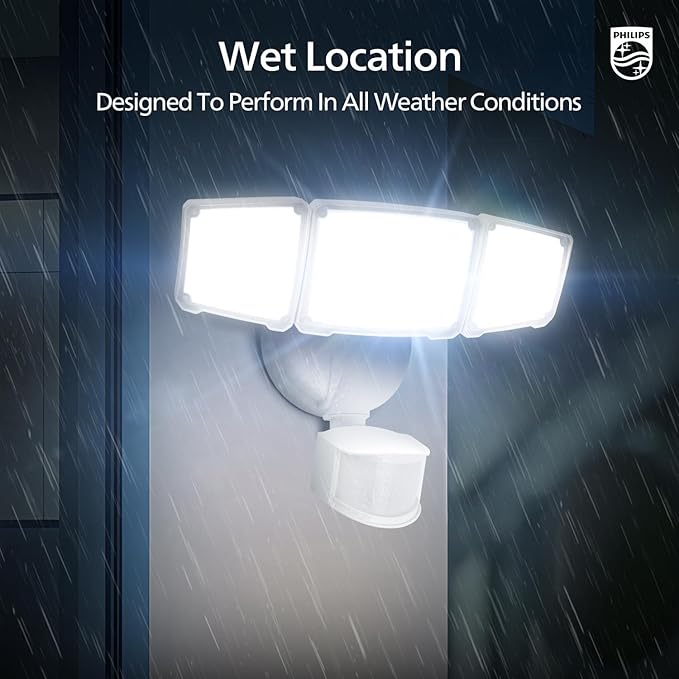 Philips 72W 7400LM LED Security Lights w/PIR Motion Sensor Outdoor, 5000K Daylight Dusk to Dawn Aluminum Flood Light, 3 Adjustable Heads, Waterproof for Garage, Yard, Porch-VerdiqueGarden
