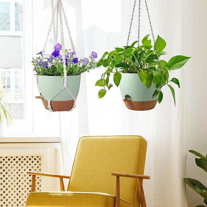 10 inch Self Watering Hanging Planters for Indoor Plants, 2 Pack Hanging Baskets for Outdoor Plants, Hanging Flower Pots with Drainage Holes & 2 Kinds of Plant Hangers for Home Decor, Green-VerdiqueGarden