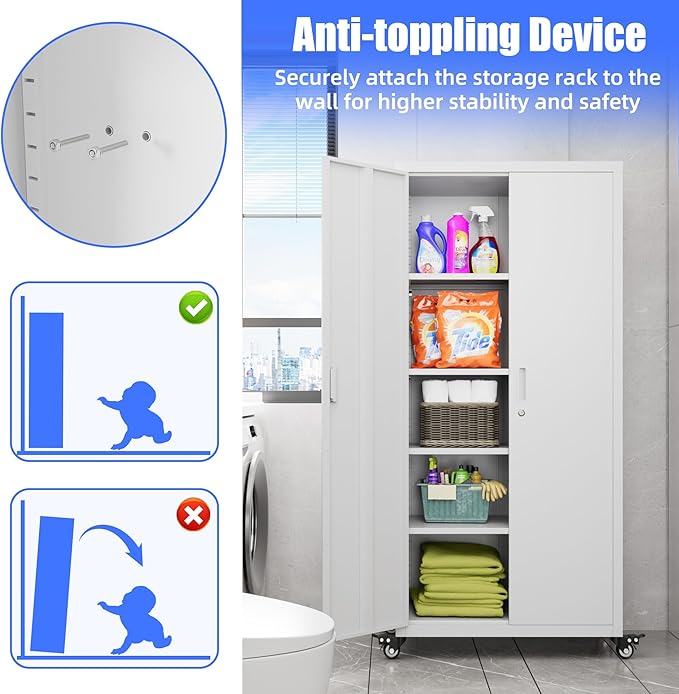 73" H Metal Garage Storage Cabinet with Wheels,Rolling Tool Storage Cabinet with 2 Doors and 4 Adjustable Shelves for Garage,Home,Office,Warehouse,Workshop, Required-Assembly,White-VerdiqueGarden