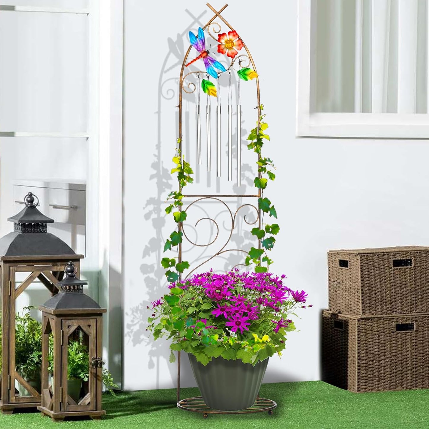 Garden Trellis with Plant Stands, 48” Metal Detachable Dragonfly Plant Pot Trellis with Wind Chimes for Climbing Plants Outdoor Lawn Patio Porches Decor-VerdiqueGarden