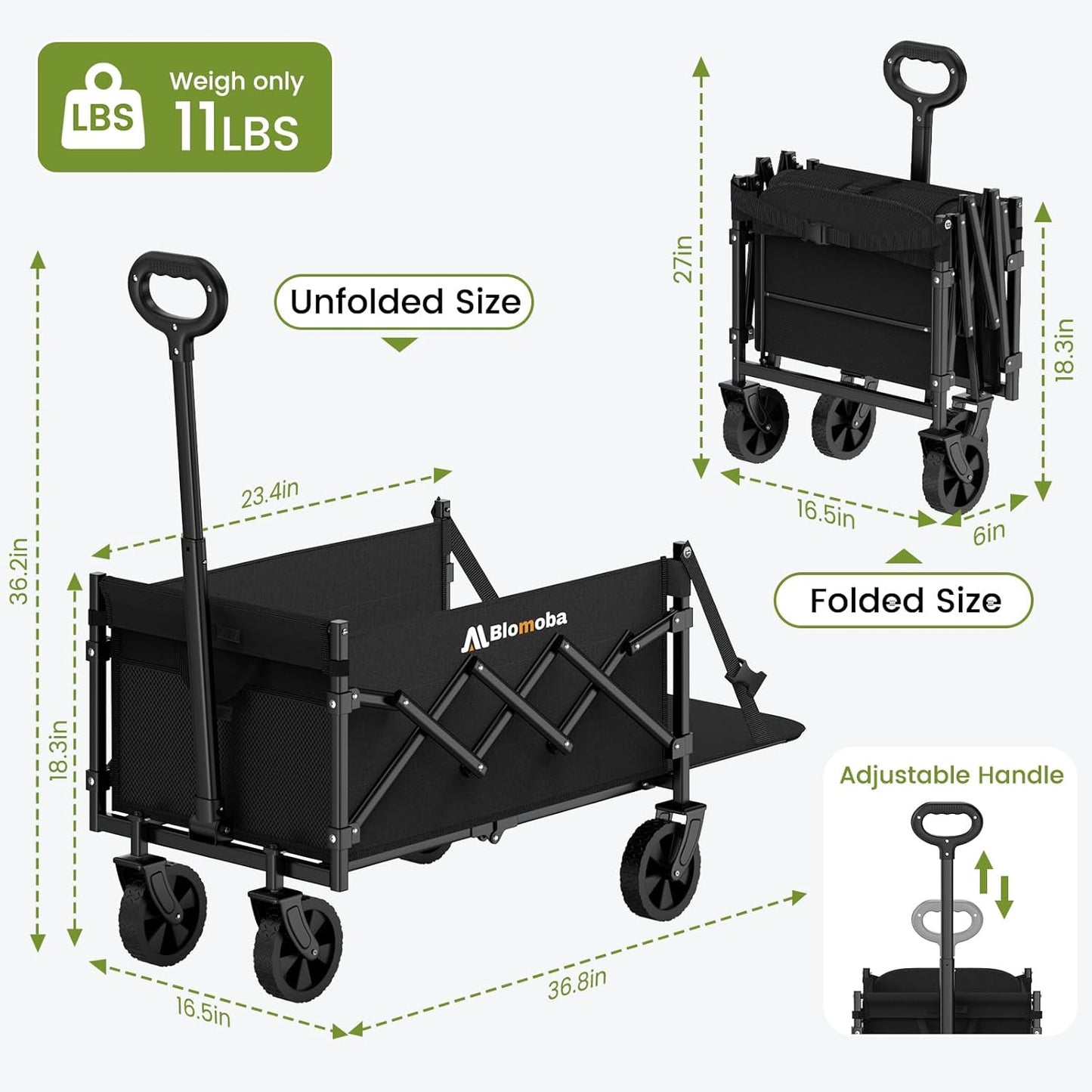 220LBS Foldable Wagon with All-Terrain Wheels, Portable Wagon Cart with Extended Tailgate, Adjustable Handle, Utility Cart for Camping, Shopping, Garden, Sports, Grocery, Black-VerdiqueGarden