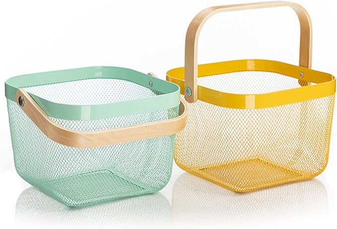 Metal Mesh Steel Basket, Storage Organizer Basket Multi-functional Hanging Kitchen Baskets Fruit Baskets with Wooden Handle for Kitchen Bathroom Picnic Shopping Decor Cabinet Home, Yellow-VerdiqueGarden