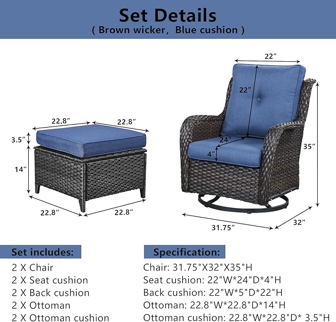 4 Pieces Patio Furniture Sets, Wicker Patio Swivel Glider Chair with Ottomans, Outdoor Furniture Set for Outside Porch, Deck, Balcony, Garden-VerdiqueGarden