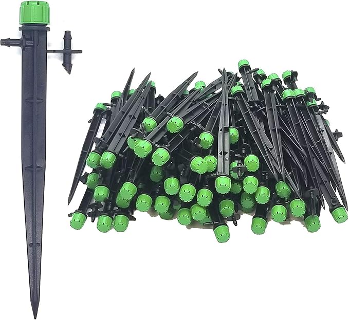 (100-PACK) - 1/4" Inch Universal 360* Degree Drip Emitter On 5" Stake - Adjustable Flow 0-18.5 GPH Fit 1/4 (4-7mm) Drip Irrigation Tubing - Professional Grade Drippers for Drip Irrigation-VerdiqueGarden