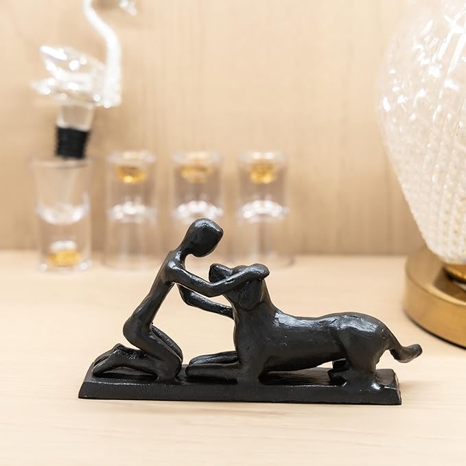 Boy and Dog Statue, Love of Dog Sculpture, Gifts for Dog Lovers, Dog Memorial Gifts for Man and Boy, Cast Iron, Black-VerdiqueGarden