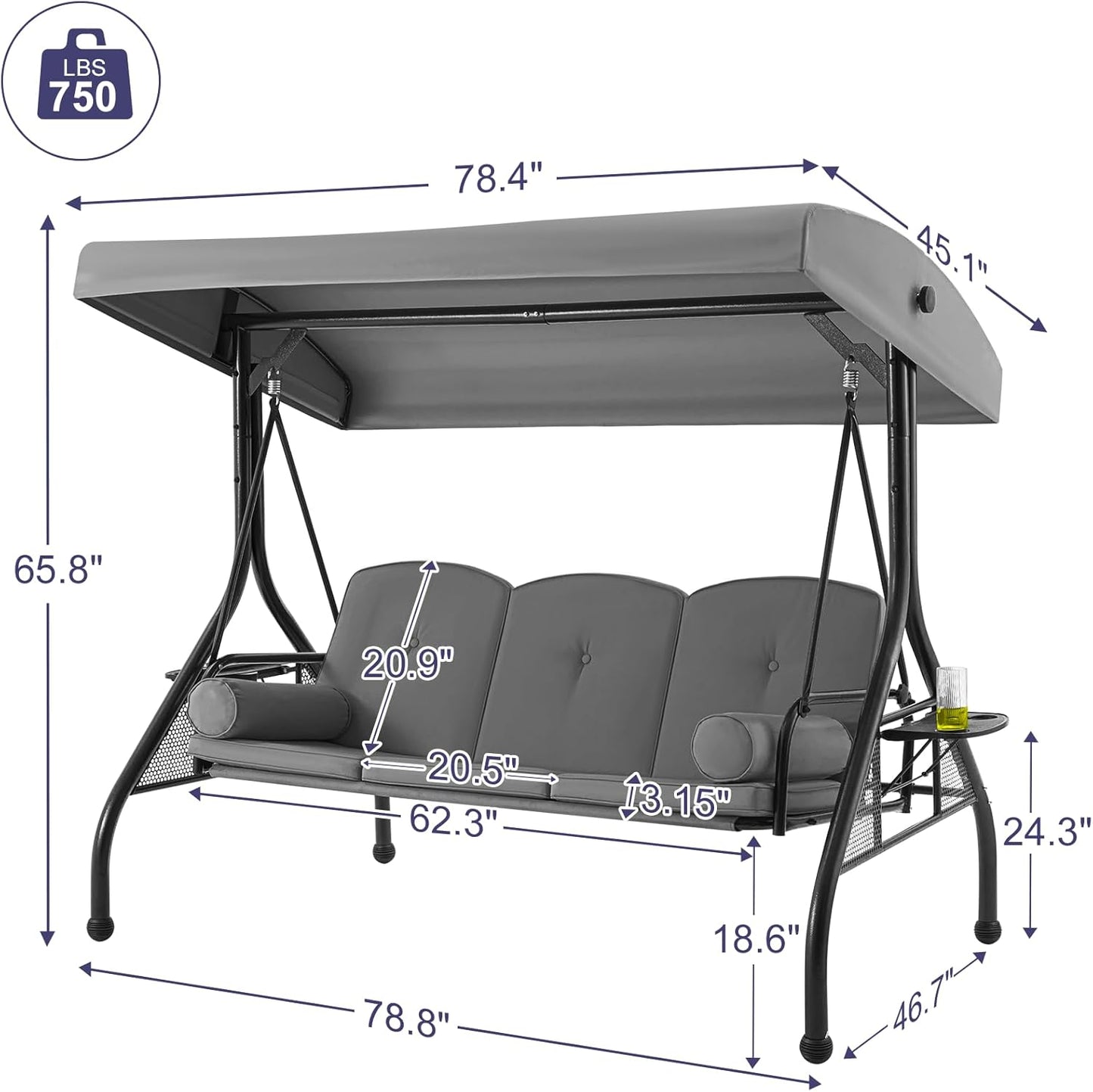 HOMREST 3 Seat Outdoor Porch Swing with 1.5" Deep Cup Holder, Adjustable Canopy,Patio Swing Bed with Stand, Patio Glider Swing with Thicken Cushions, Pillow(Grey)-VerdiqueGarden