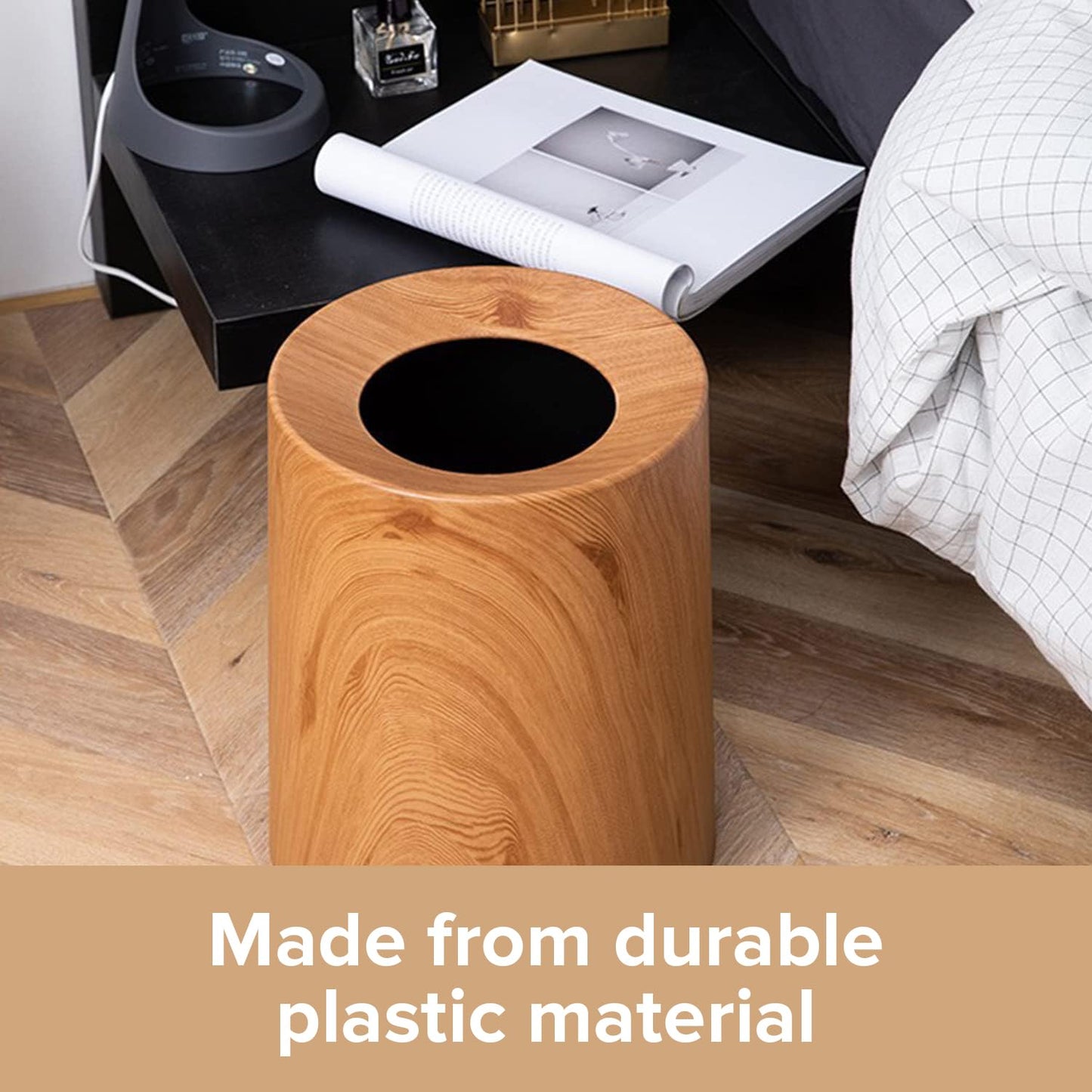 Anti Spill Nordic Wood Grain Look Waste Basket - Kids Pet Proof Garbage Container - Safer & Cleaner Indoor Outdoor Trash Can 3.2Gal - Patio Yard Entry Garbage Can - Round Modern Design 10"x10"x12"-VerdiqueGarden