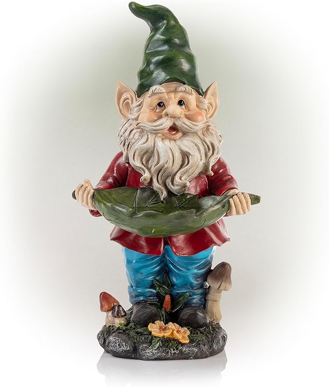 Alpine Corporation 16" Tall Outdoor Garden Gnome and Bird Feeder Yard Statue Decoration-VerdiqueGarden
