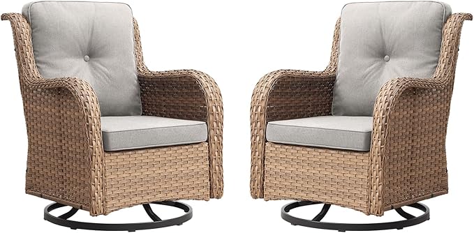 Outdoor Patio Swivel Rocker Chairs - Wicker Rattan Patio Swivel Rocking Chairs Set of 2 with High Back,Deep Seating and Comfort Cushions for Deck Porch Garden,Yellow/Beige-VerdiqueGarden