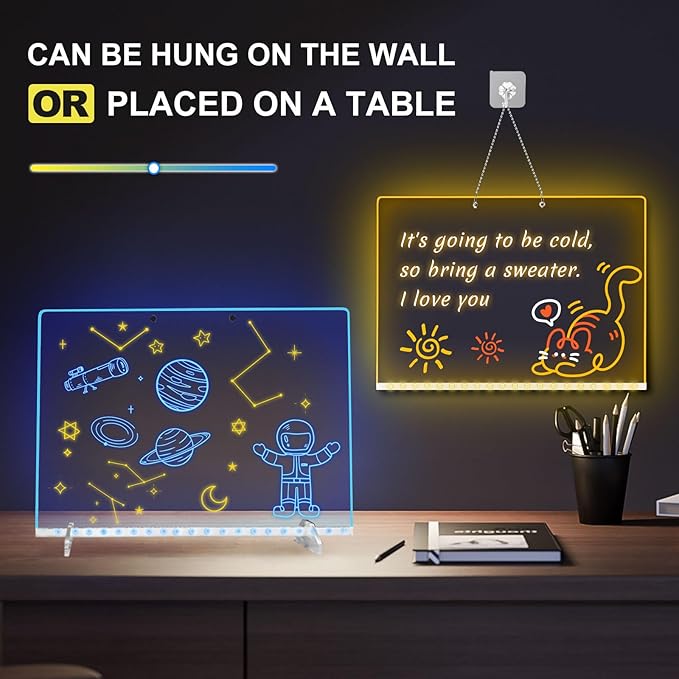 LED Note Board with Highlighters 2 Sets,Doodle Glow Drawing Board,13.7"X10" 6 Modes & 8 Colors, Led Drawing Board for Kids,Gift for Kids Ages 3+,Led Writing Board for Home/Office/Decor-VerdiqueGarden