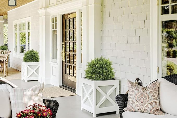 THE BLOOM TIMES 2ft Artificial Topiary Ball Trees Outdoor Set of 2, 24" Tall Faux Cedar Plants Outside UV Resistant Greenery Fake Evergreen Potted Bushes and Shrubs for Front Porch Patio Planter Decor-VerdiqueGarden